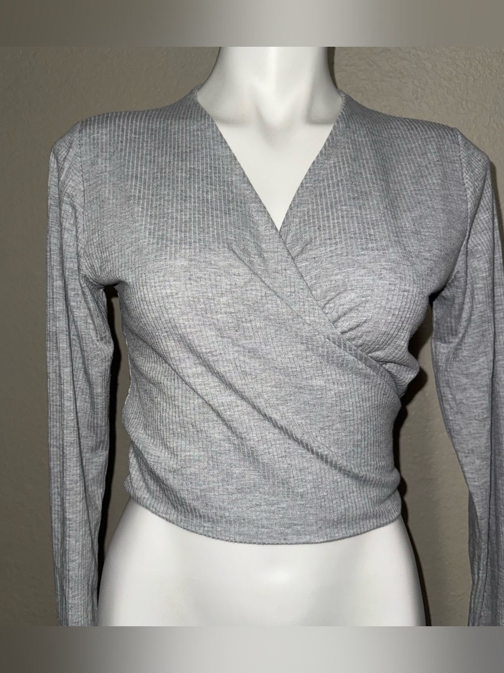 Tyche Light Gray Ribbed Wrap Long Sleeve Top